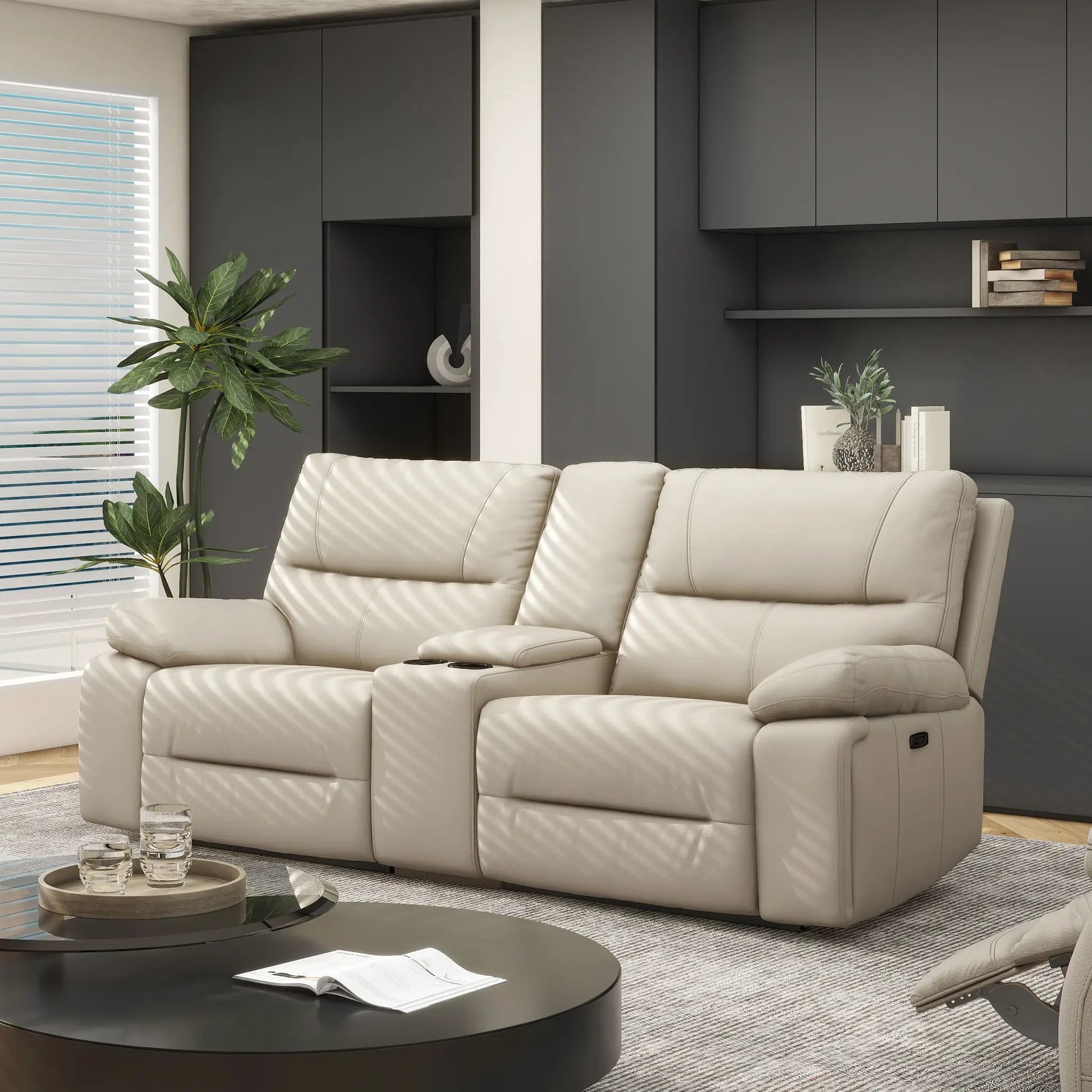 Malibu Modern Power Motion 3-Piece Reclining Loveseat Sofa in cream-beige with cup holders on Tampa Home & Garden Store