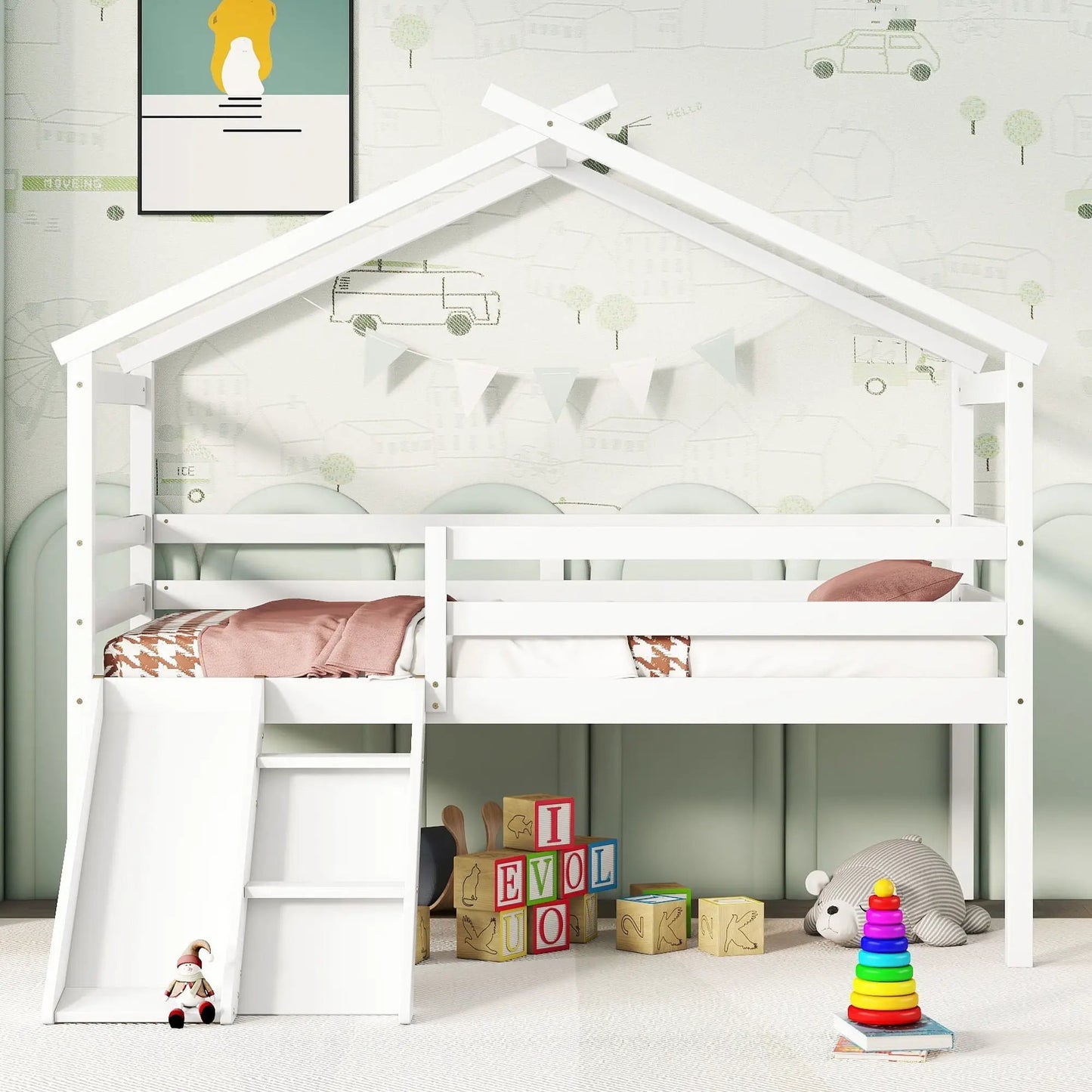 Low Loft House Bed With Slide and Guardrails