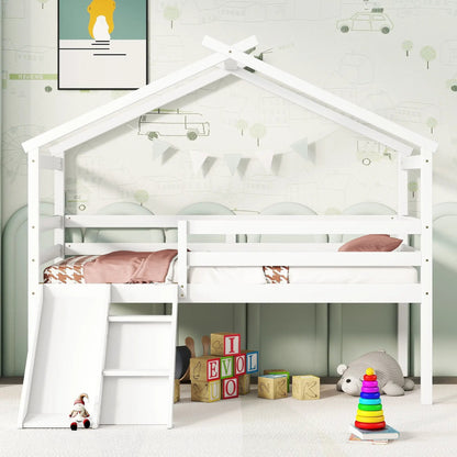 Low Loft House Bed With Slide and Guardrails