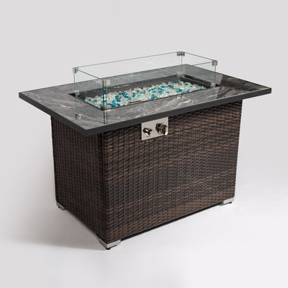 44in propane gas fire pit table with tile top and wicker base, glass rock fire pit insert on Tampa Home & Garden Store