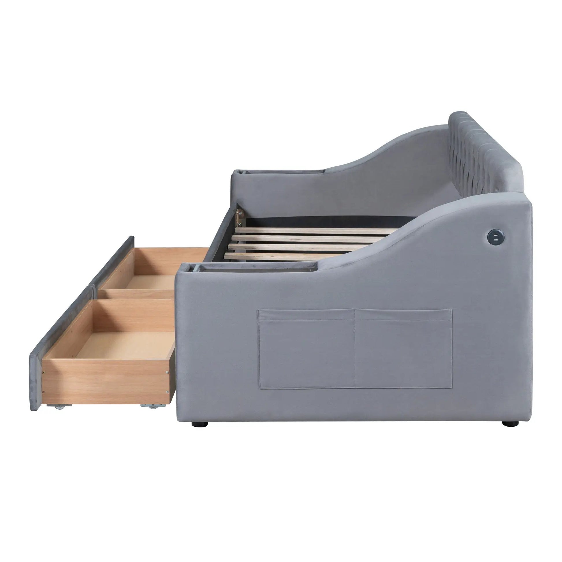 Upholstered gray daybed with storage drawers and USB port by Unique Piece Furniture on Tampa Home & Garden Store