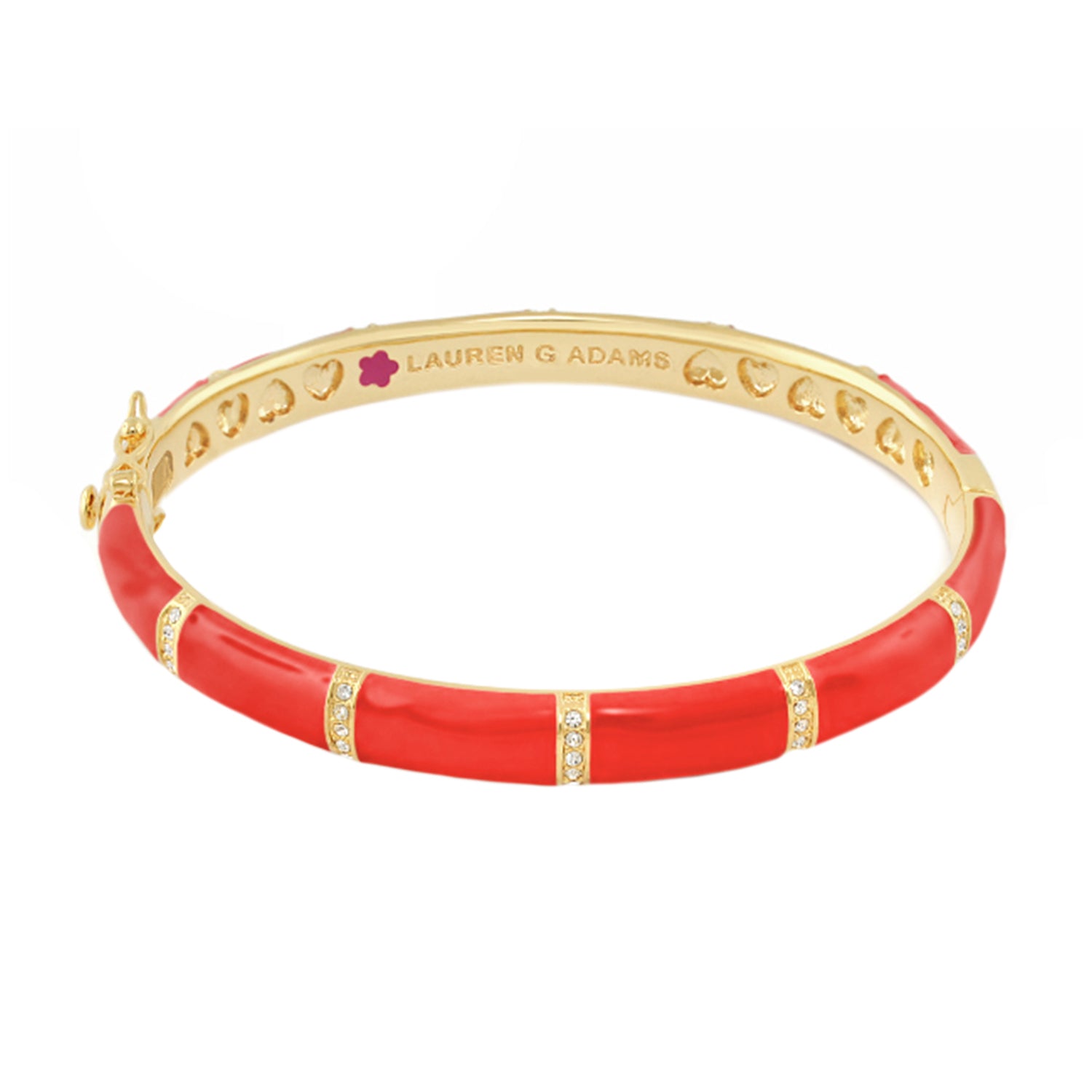 Santa Barbara Bangle by Lauren G Adams, gold bracelet with red enamel segments and crystals on Tampa Home & Garden Store