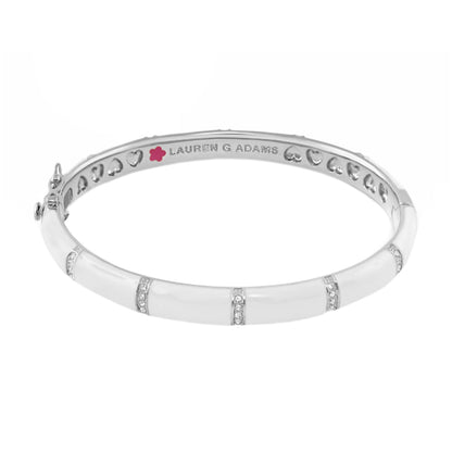 Santa Barbara Bangle, white bracelet with crystal inlays by Lauren G Adams, pink flower on Tampa Home & Garden Store