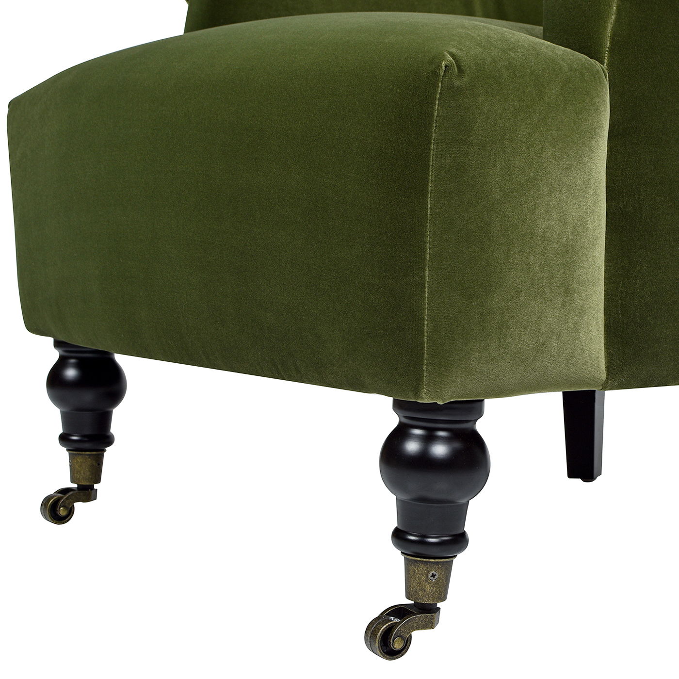 Eloise design pleated sock-arm accent armchair in moss green velvet with black turned legs on Tampa Home & Garden Store
