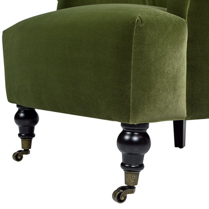 Eloise design pleated sock-arm accent armchair in moss green velvet with black turned legs on Tampa Home & Garden Store