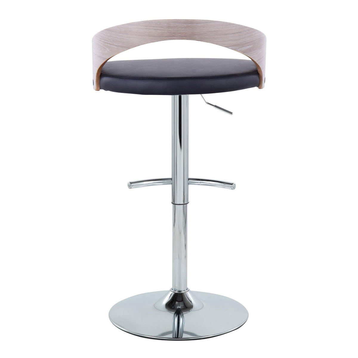 Contemporary adjustable barstool with swivel, wood back, black seat, chrome pedestal base on Tampa Home & Garden Store