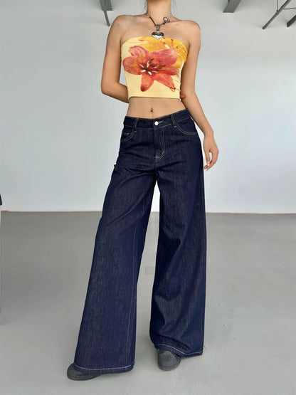Fashion American Retro Wide Leg Jeans For Women dark indigo denim high-waisted wide-leg on Tampa Home & Garden Store