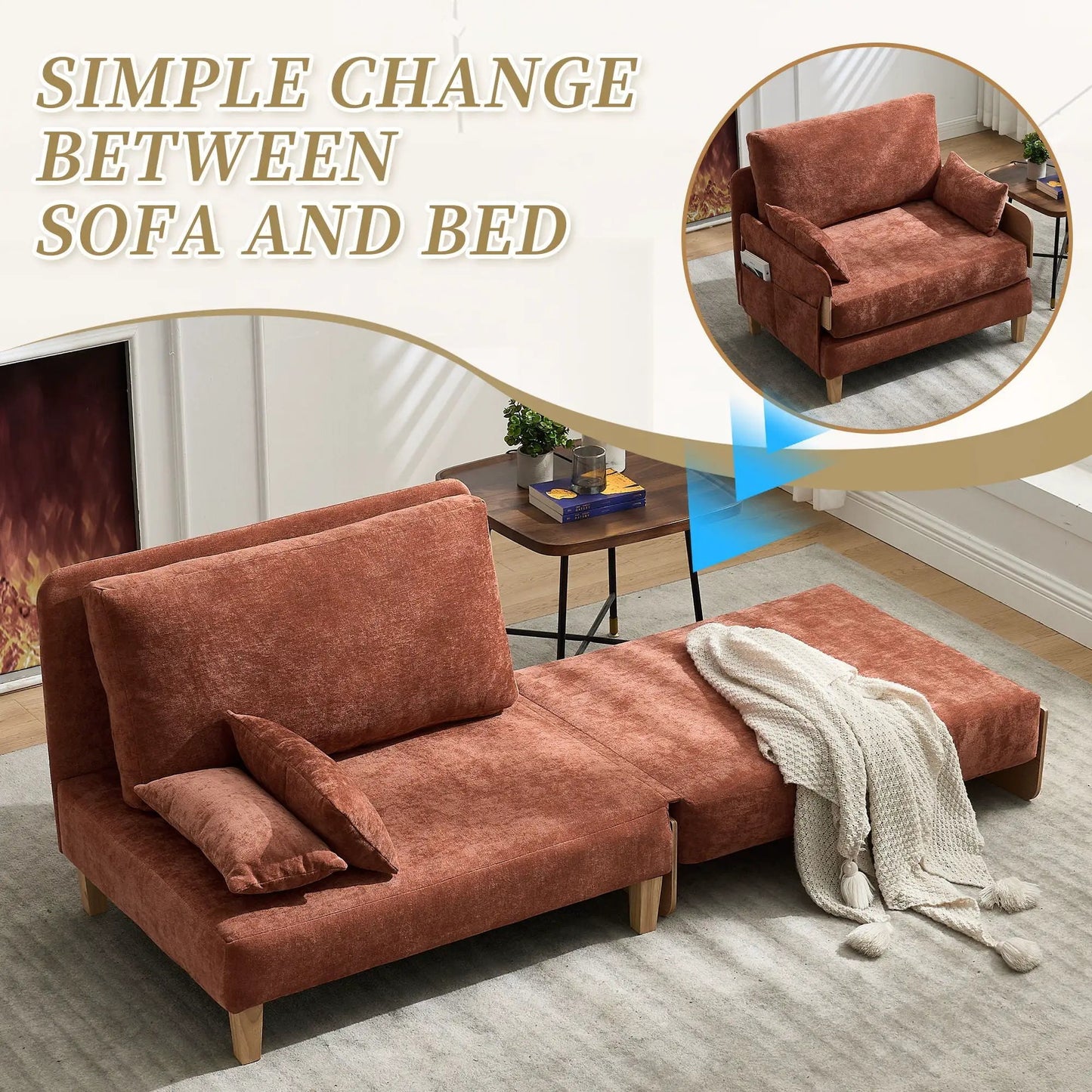 Mid Century Modern Foldable Sofa Bed, 3 Pillows