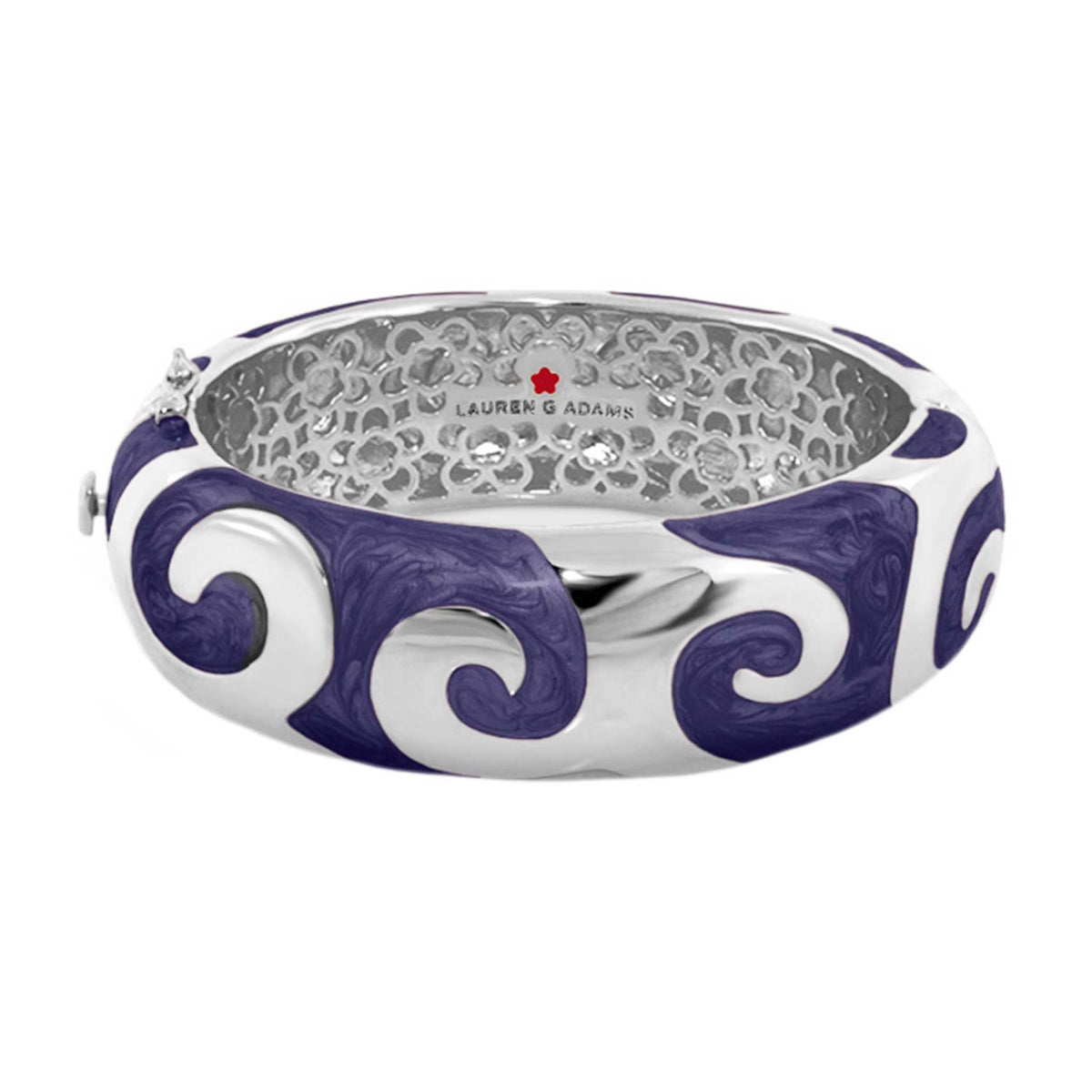 Good Karma Bangle by Lauren G Adams, purple and white swirl enamel hinged bracelet with safety lock on Tampa Home & Garden Store