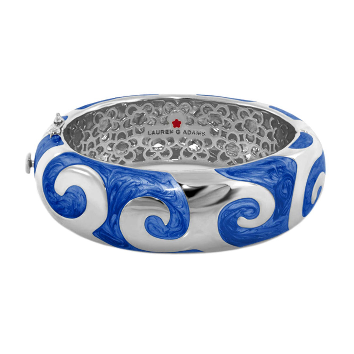 Good Karma Bangle by Lauren G Adams, blue and white swirl enamel hinged bracelet on Tampa Home & Garden Store