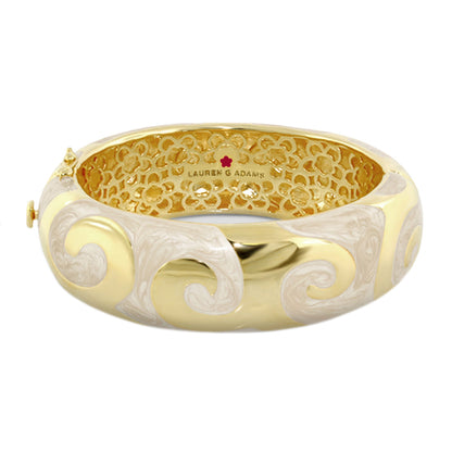 Good Karma Bangle hinged bracelet by Lauren G Adams in gold two-tone with cream scrolls on Tampa Home & Garden Store