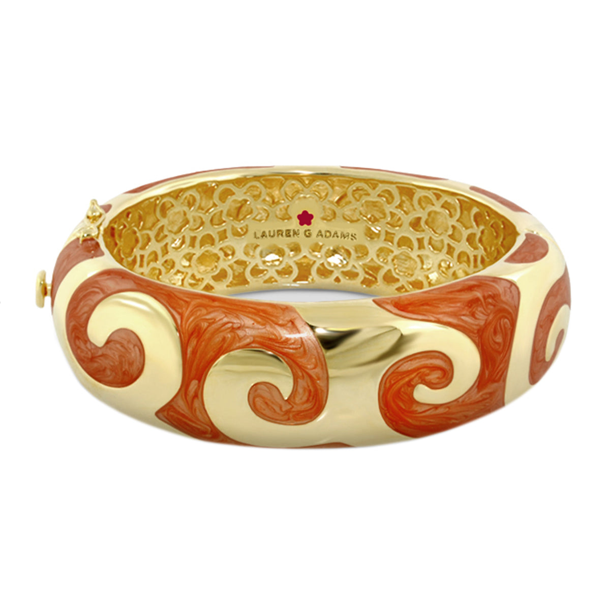Good Karma Bangle by Lauren G Adams, gold-tone hinged bracelet with red swirl enamel on Tampa Home & Garden Store