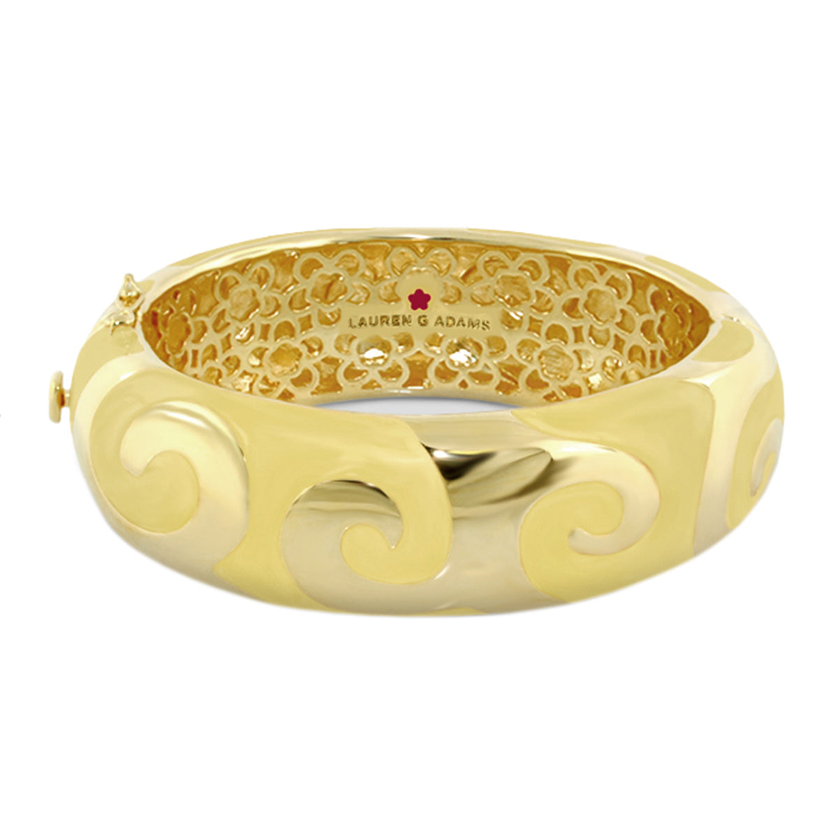 Good Karma Bangle by Lauren G Adams, gold-tone hinged bracelet with safety lock on Tampa Home & Garden Store
