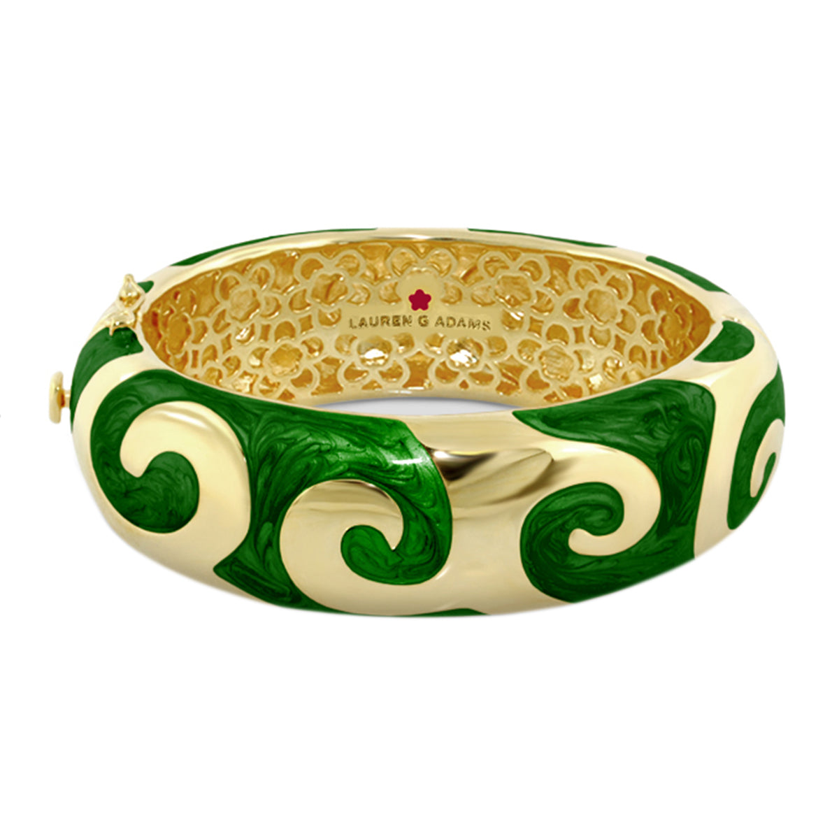Good Karma Bangle, Lauren G Adams, green enamel swirl on gold-tone hinged bracelet on Tampa Home & Garden Store