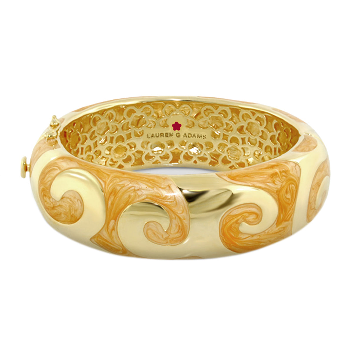 Good Karma Bangle by Lauren G Adams, hinged bracelet with orange marbled pattern, safety lock on Tampa Home & Garden Store