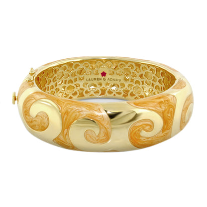 Good Karma Bangle by Lauren G Adams, hinged bracelet with orange marbled pattern, safety lock on Tampa Home & Garden Store