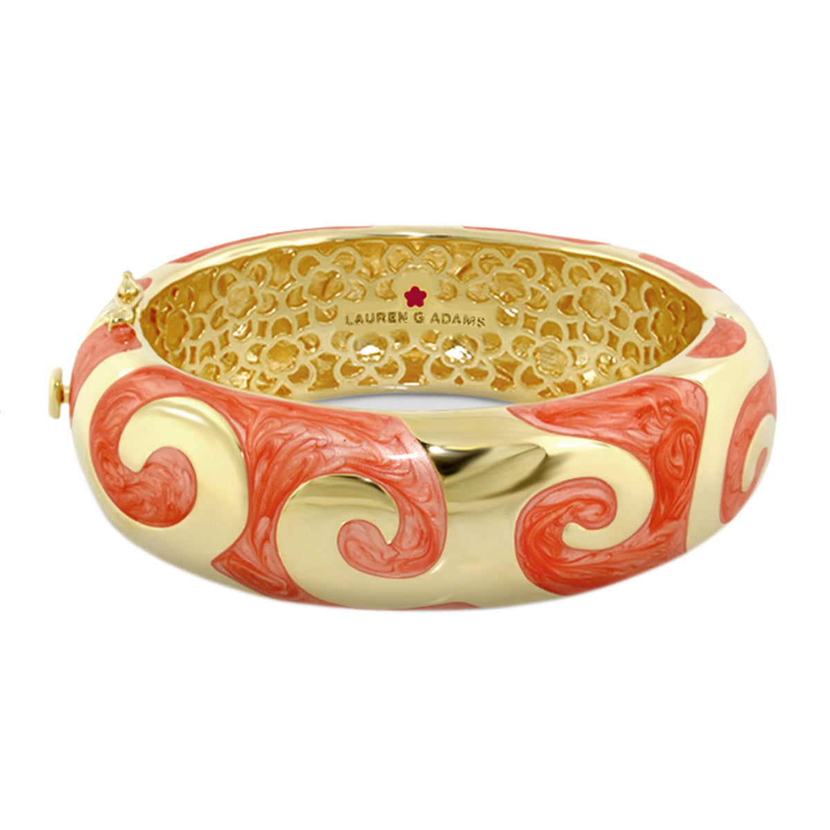 Good Karma Bangle by Lauren G Adams, hinged bracelet with coral scrolls on cream and gold on Tampa Home & Garden Store