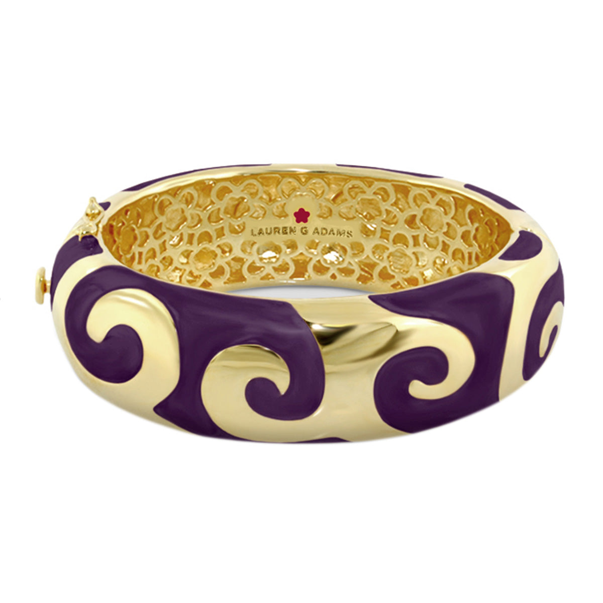 Good Karma Bangle by Lauren G Adams, gold-tone hinged bracelet with purple enamel scrolls on Tampa Home & Garden Store