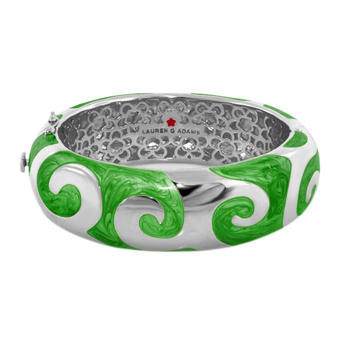 Good Karma Bangle by Lauren G Adams, hinged safety-lock bracelet in green enamel on Tampa Home & Garden Store