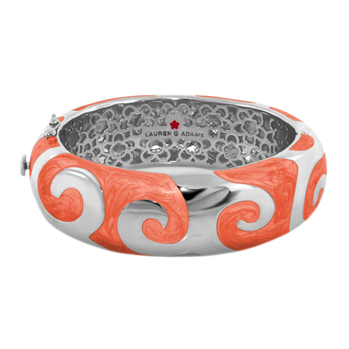Good Karma Bangle by Lauren G Adams, hinged bracelet with orange coral enamel swirl on silver on Tampa Home & Garden Store