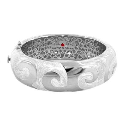 Good Karma Bangle hinged bracelet in silver with Lauren G Adams logo and scrollwork on Tampa Home & Garden Store