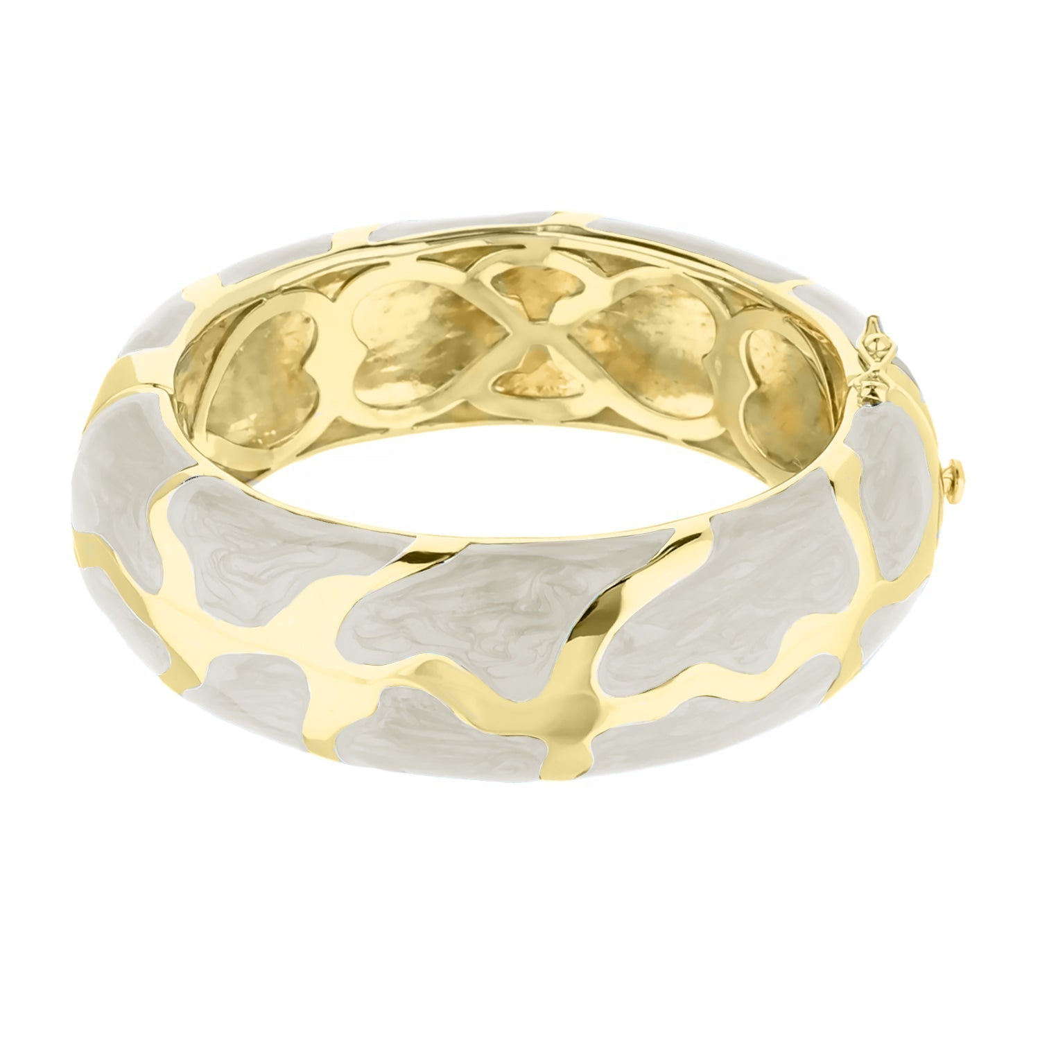 Puzzle Bangle, hinged gold-tone bracelet with white enamel puzzle design and safety lock on Tampa Home & Garden Store
