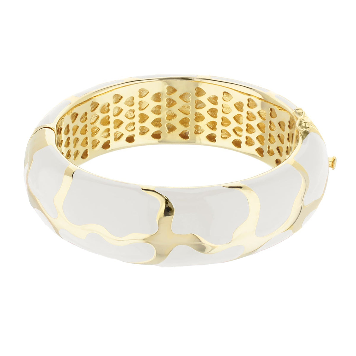 Puzzle Bangle hinged bracelet by Lauren G Adams in goldtone with white enamel puzzle panels on Tampa Home & Garden Store