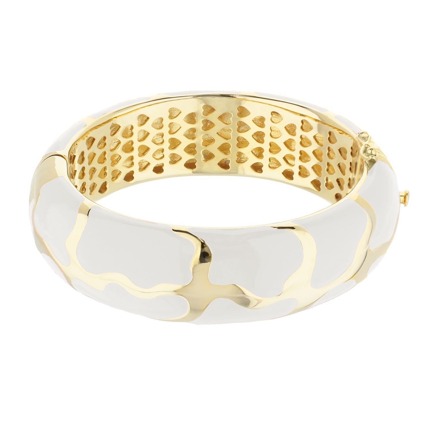 Puzzle Bangle hinged bracelet by Lauren G Adams in goldtone with white enamel puzzle panels on Tampa Home & Garden Store
