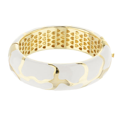 Puzzle Bangle hinged bracelet by Lauren G Adams in goldtone with white enamel puzzle panels on Tampa Home & Garden Store