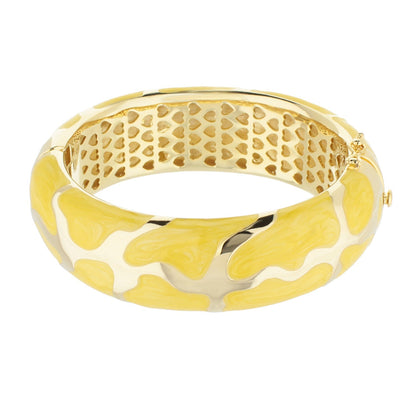 Puzzle Bangle hinged bracelet gold-tone with yellow enamel patches and heart-cutout inner pattern on Tampa Home & Garden Store