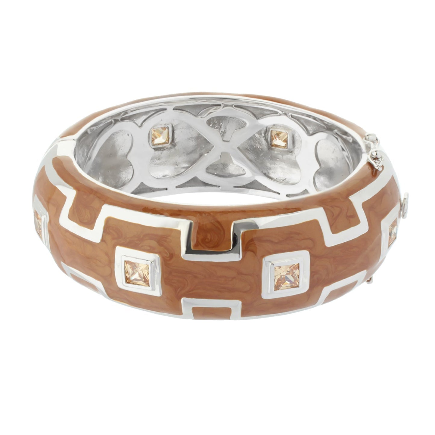 Greek Key Bangle bracelet in tan enamel with silver Greek key motif and square crystal accents by Lauren G Adams on Tampa Home & Garden Store