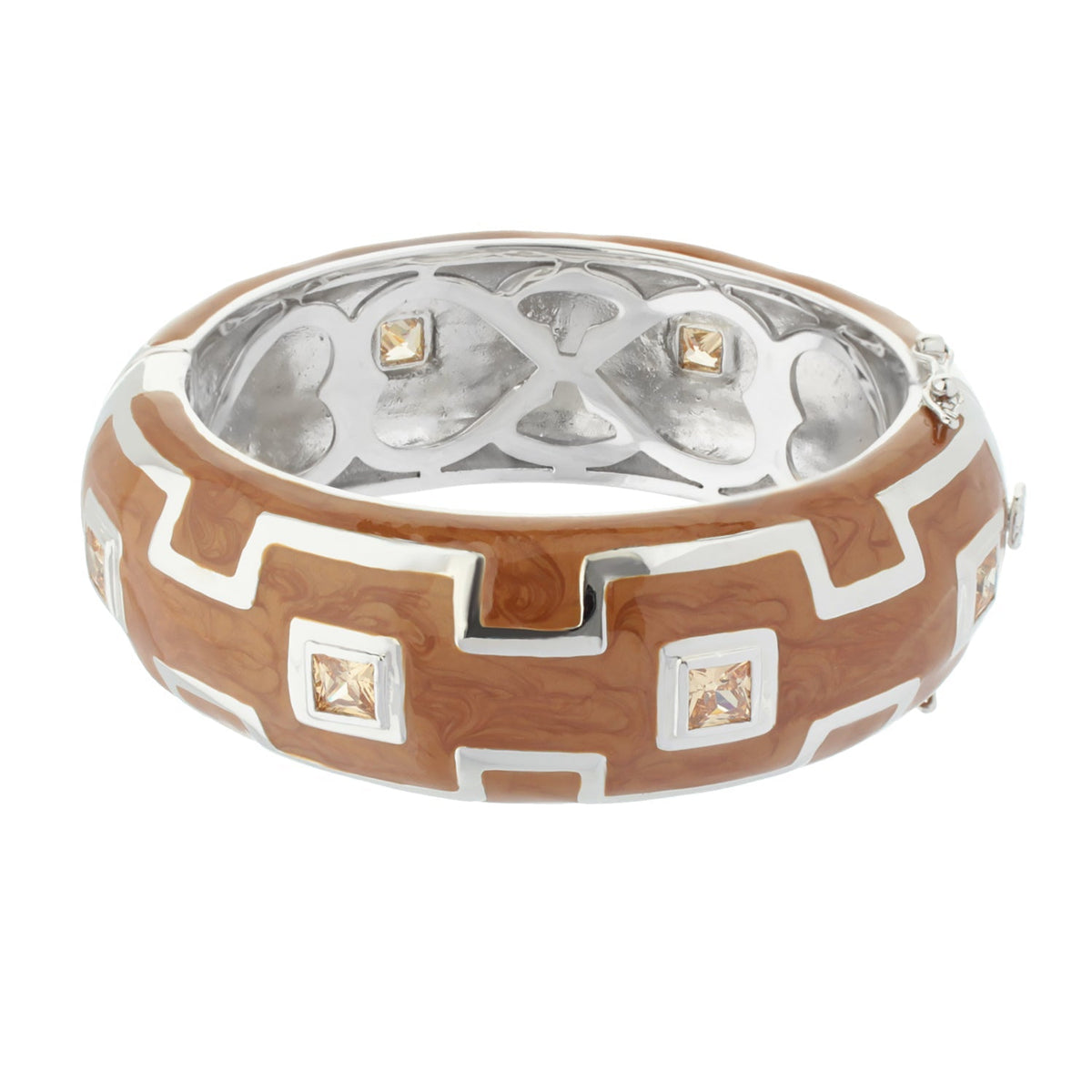 Greek Key Bangle bracelet in tan enamel with silver Greek key motif and square crystal accents by Lauren G Adams on Tampa Home & Garden Store