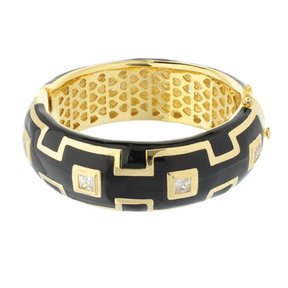 Greek Key Bangle by Lauren G Adams, black enamel with gold key motif and square crystal accents on Tampa Home & Garden Store