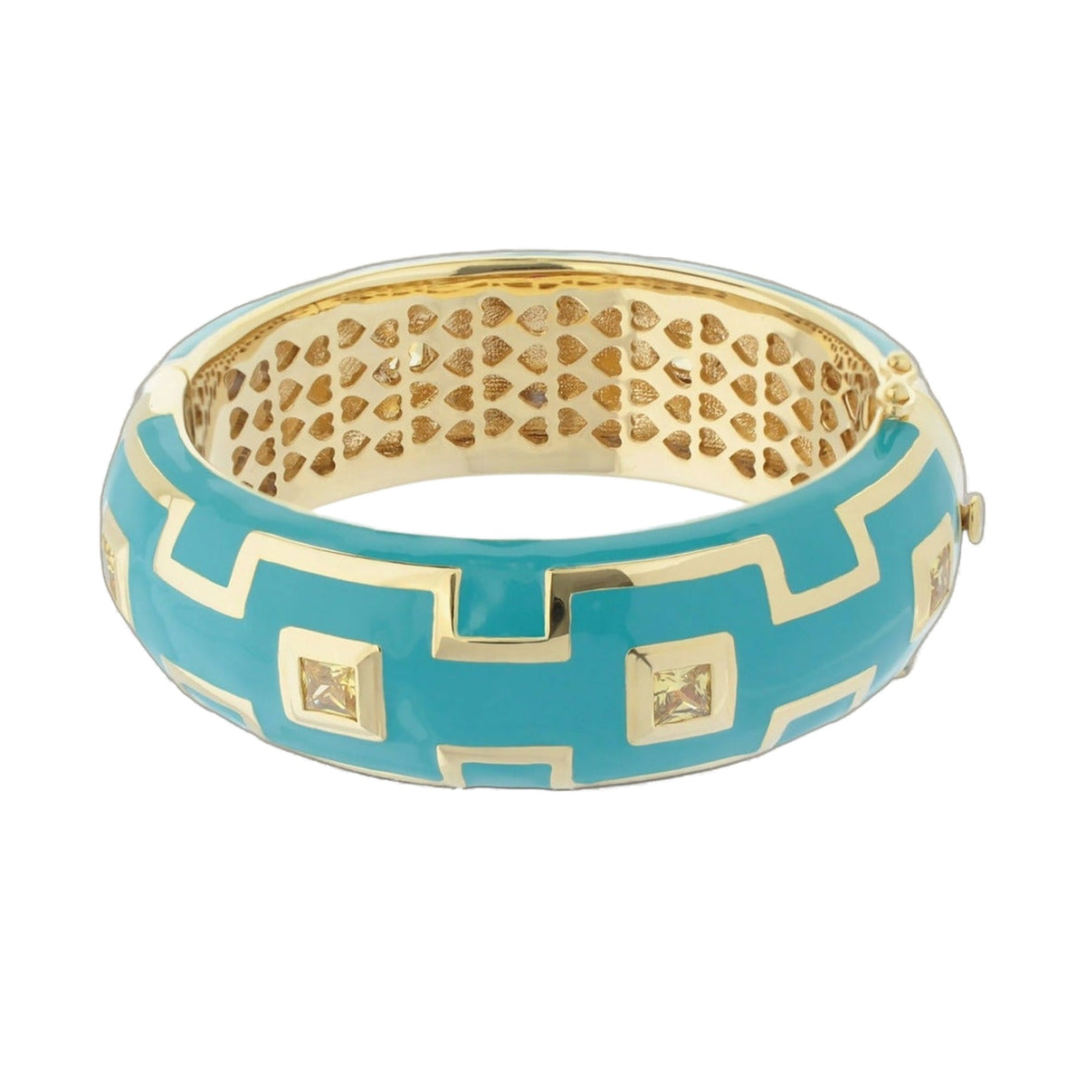 Greek Key Bangle in turquoise enamel with gold-tone Greek key pattern; hammered interior on Tampa Home & Garden Store