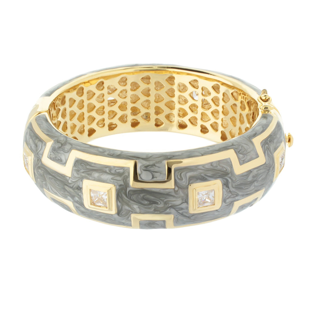 Greek Key Bangle by Lauren G Adams in grey marbled resin with gold-tone accents on Tampa Home & Garden Store