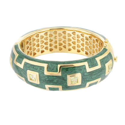Greek Key Bangle in green enamel with gold-tone edges and square crystal accents by Lauren G Adams on Tampa Home & Garden Store