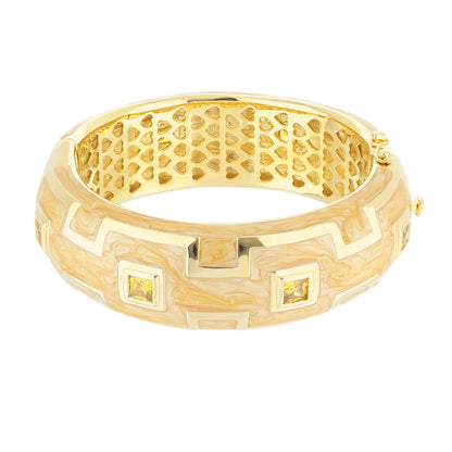 Greek Key Bangle by Lauren G Adams, gold-tone bracelet with marble swirl pattern and square yellow stones on Tampa Home & Garden Store