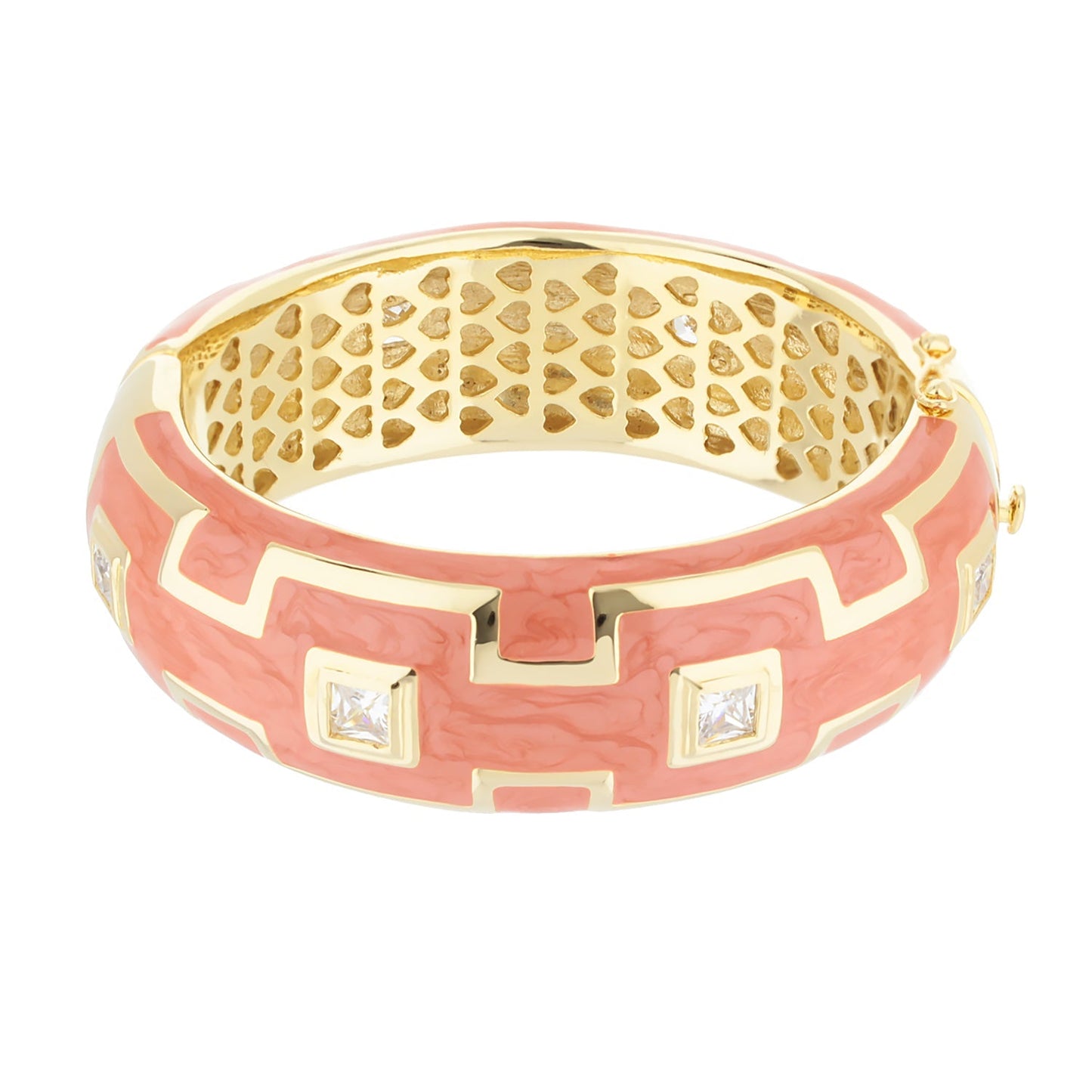Greek Key Bangle by Lauren G Adams, pink enamel with gold-tone key motif and crystals on Tampa Home & Garden Store