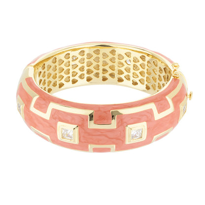 Greek Key Bangle by Lauren G Adams, pink enamel with gold-tone key motif and crystals on Tampa Home & Garden Store