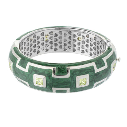 Greek Key Bangle in green enamel with silver-tone highlights and pale yellow stones on Tampa Home & Garden Store