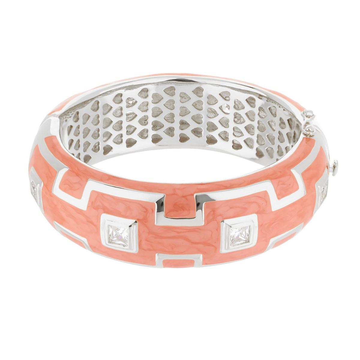 Greek Key Bangle coral pink with white key pattern and crystals on Tampa Home & Garden Store