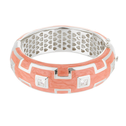 Greek Key Bangle coral pink with white key pattern and crystals on Tampa Home & Garden Store