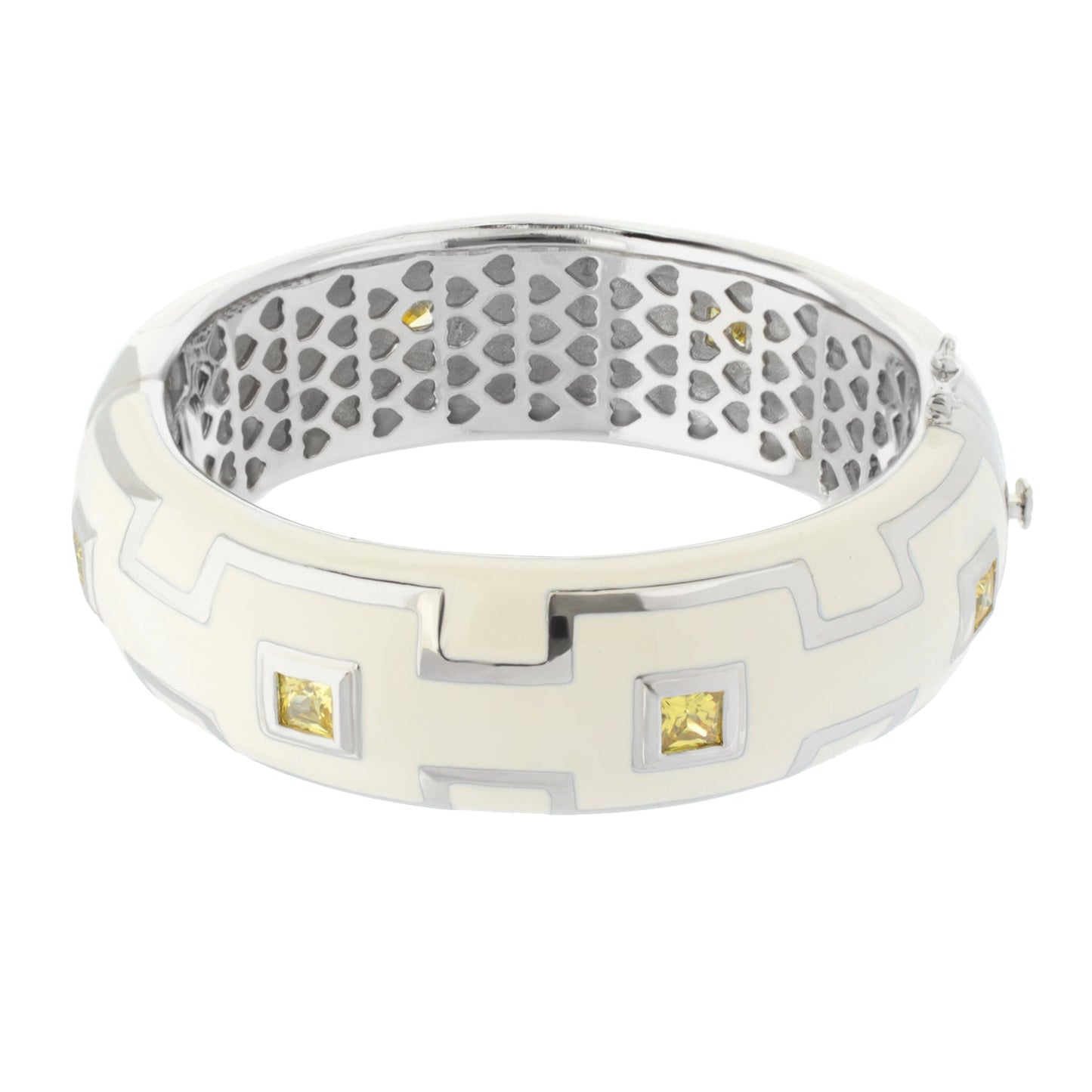 Greek Key Bangle by Lauren G Adams in white enamel with silver key motif and yellow gemstone accents on Tampa Home & Garden Store