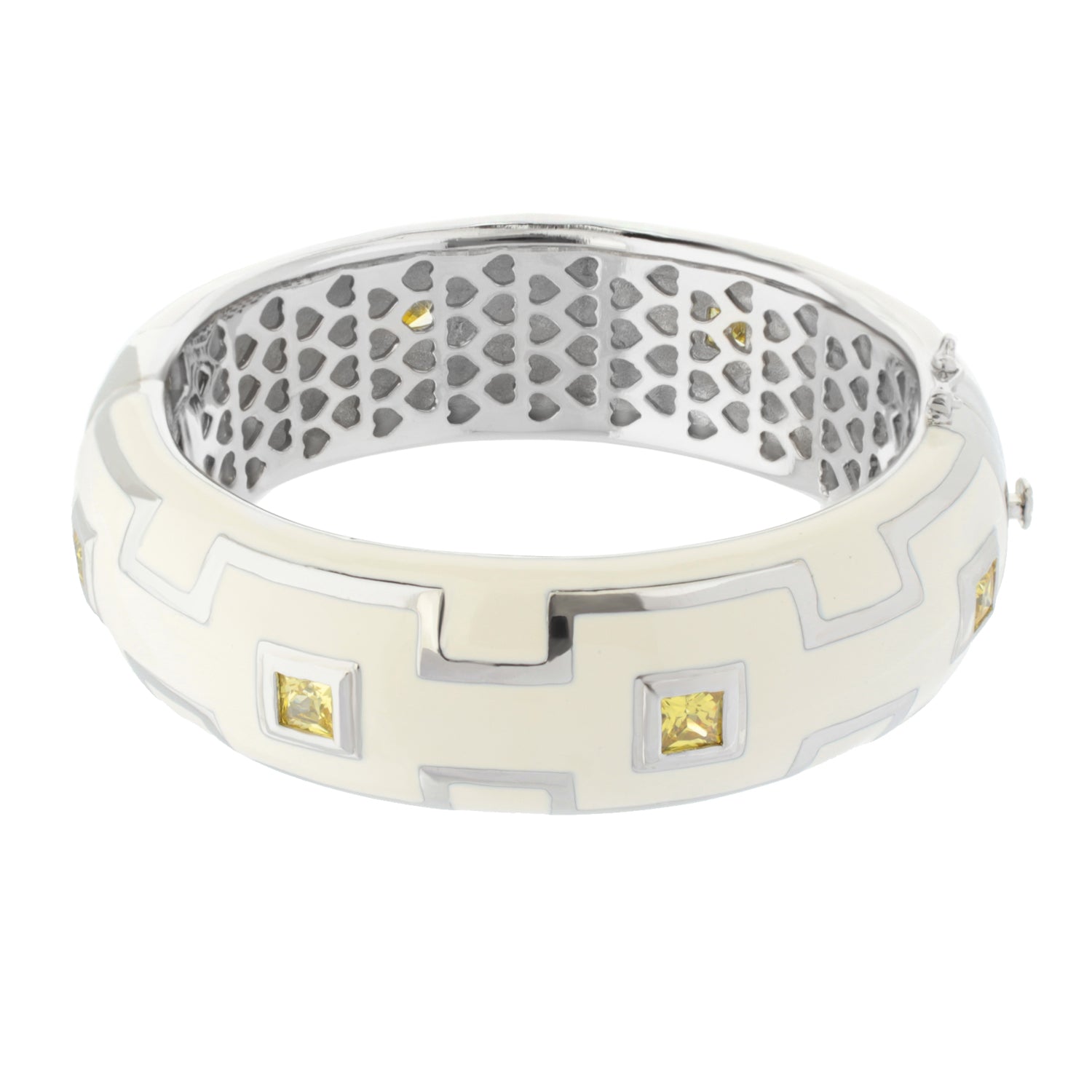Greek Key Bangle by Lauren G Adams in white enamel with silver key motif and yellow gemstone accents on Tampa Home & Garden Store