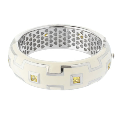 Greek Key Bangle by Lauren G Adams in white enamel with silver key motif and yellow gemstone accents on Tampa Home & Garden Store