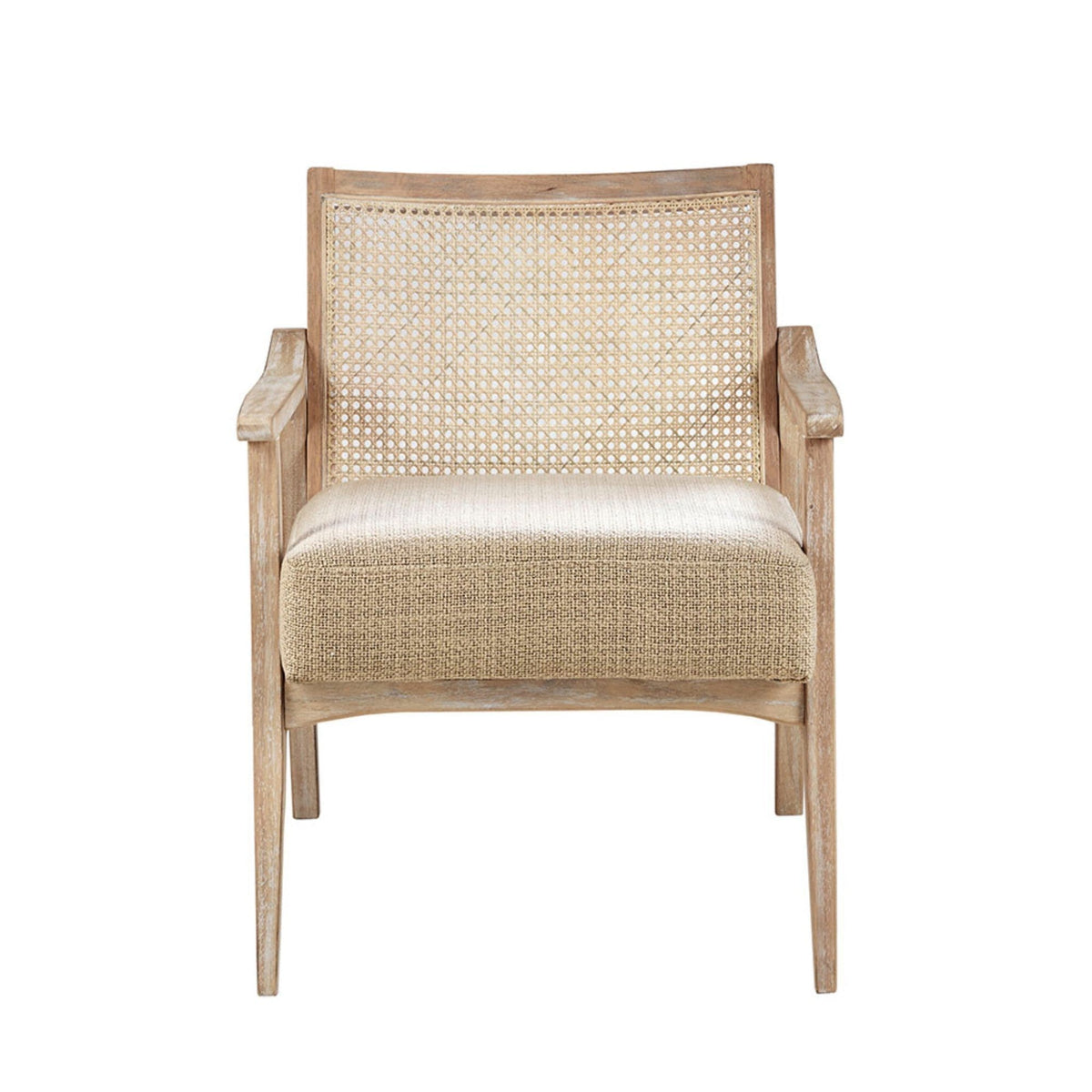 Cane-back upholstered accent chair with natural wood frame and beige fabric seat on Tampa Home & Garden Store