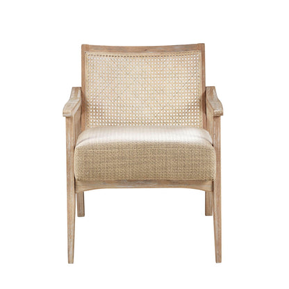 Cane-back upholstered accent chair with natural wood frame and beige fabric seat on Tampa Home & Garden Store