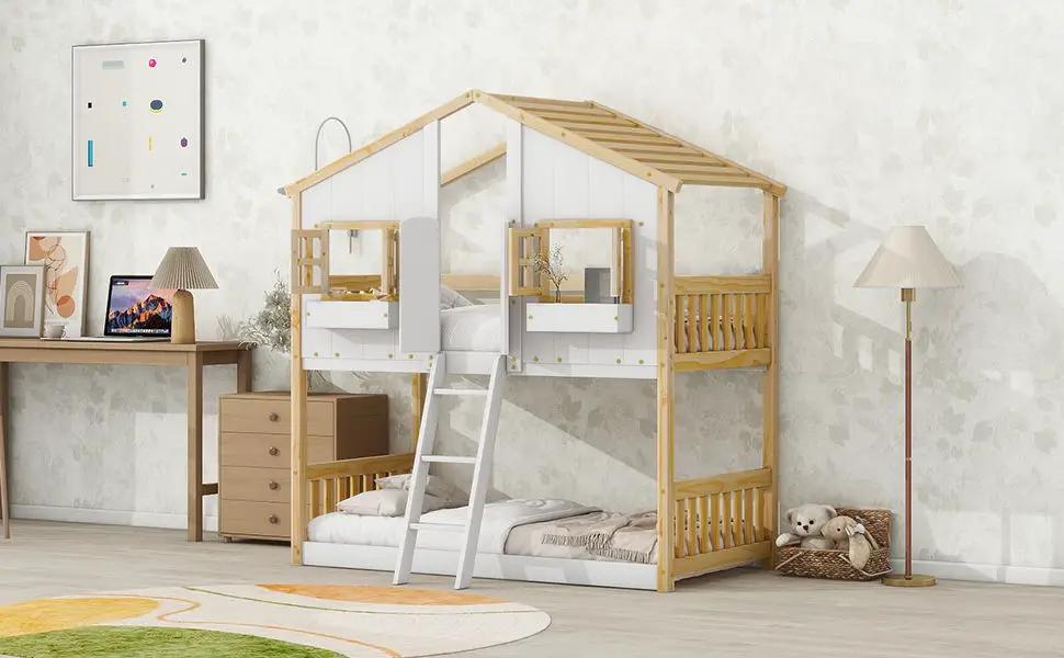 House bunk bed with roof, natural wood frame and white panels, ladder and guardrails on Tampa Home & Garden Store