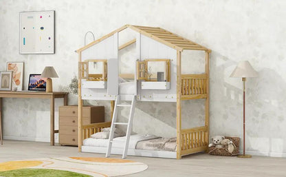House bunk bed with roof, natural wood frame and white panels, ladder and guardrails on Tampa Home & Garden Store