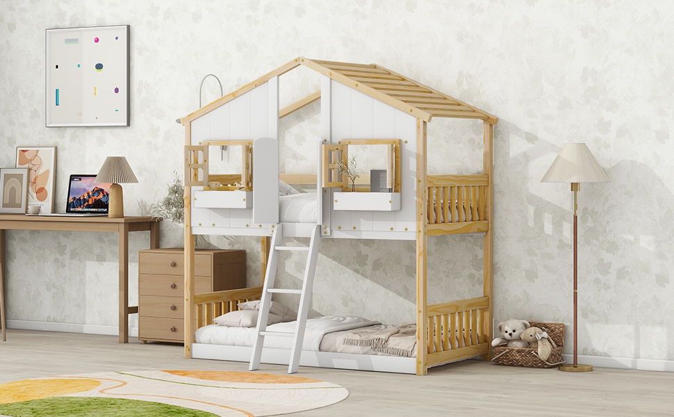 House bunk bed with roof, windows, door, two bunks, natural wood frame with white panels, ladder on Tampa Home & Garden Store